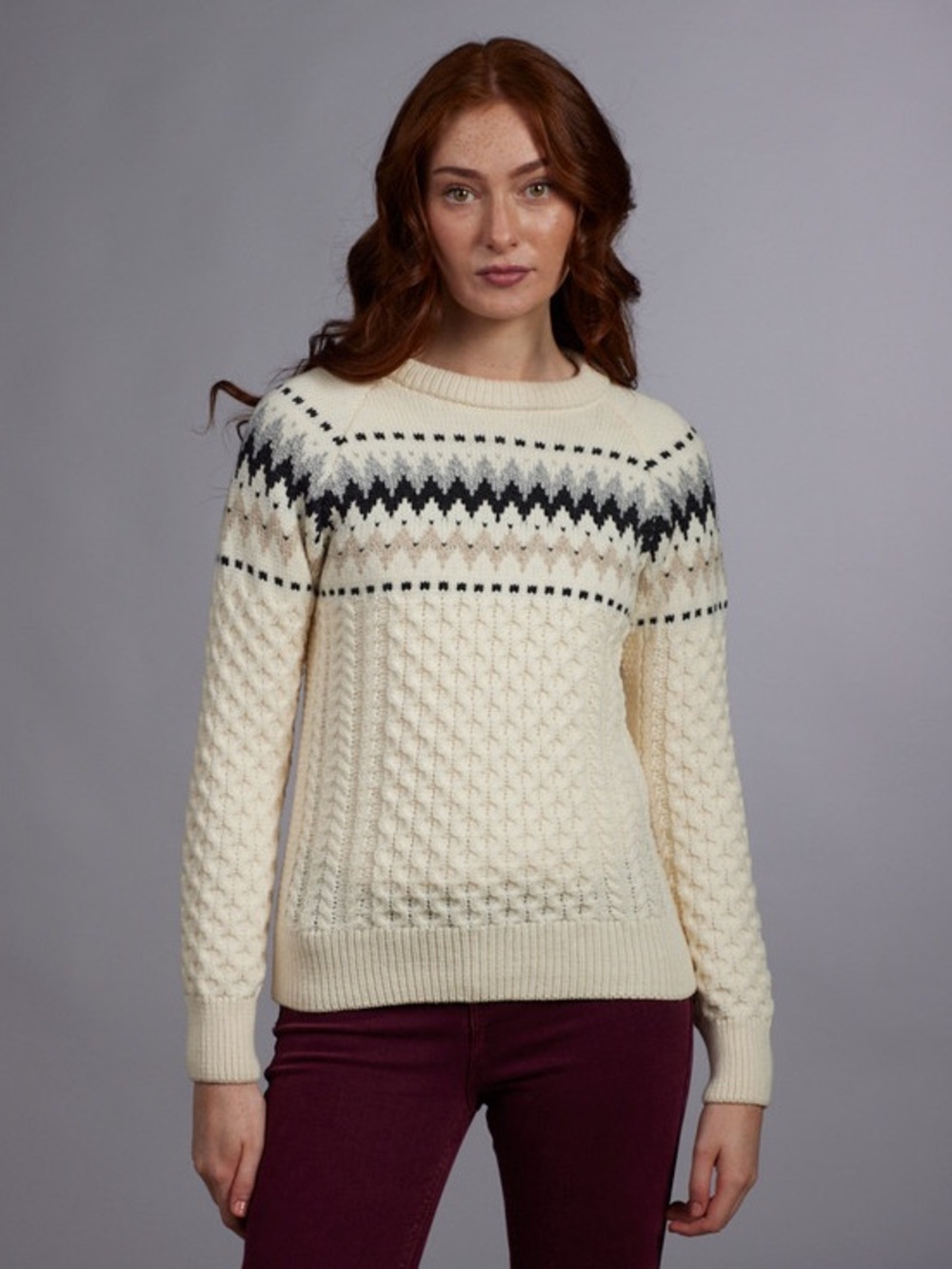 New Aran Raglan Wool Cream Fair Isle Cable-Knit Sweater (129)